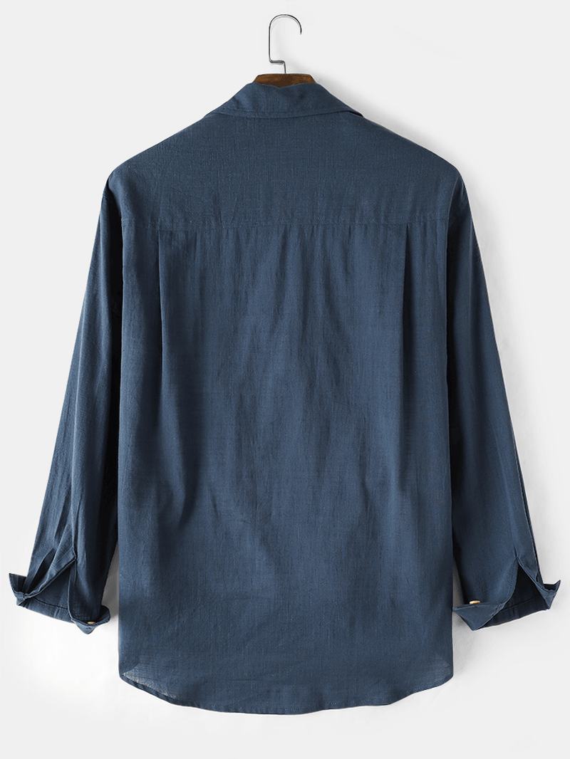 100% Bawełniane Męskie Koszule Z Podwójną Kieszenią Solidne Patchworkowe Koszule Z Długim Rękawem