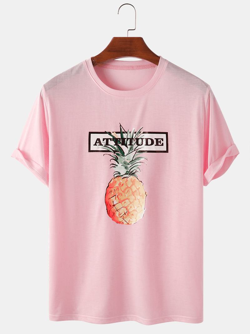 100% Bawełny Z Nadrukiem W Litery Ananasa W Różowy Wzór Z Krótkim Rękawem Casual T-shirty