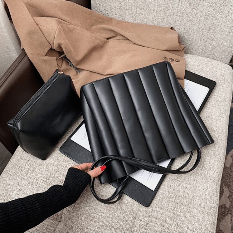 2 Szt. Kobiety Pu Leather Stripe Small Square Bag Duża Pojemność Ruched Bag Torebka Torba Na Ramię