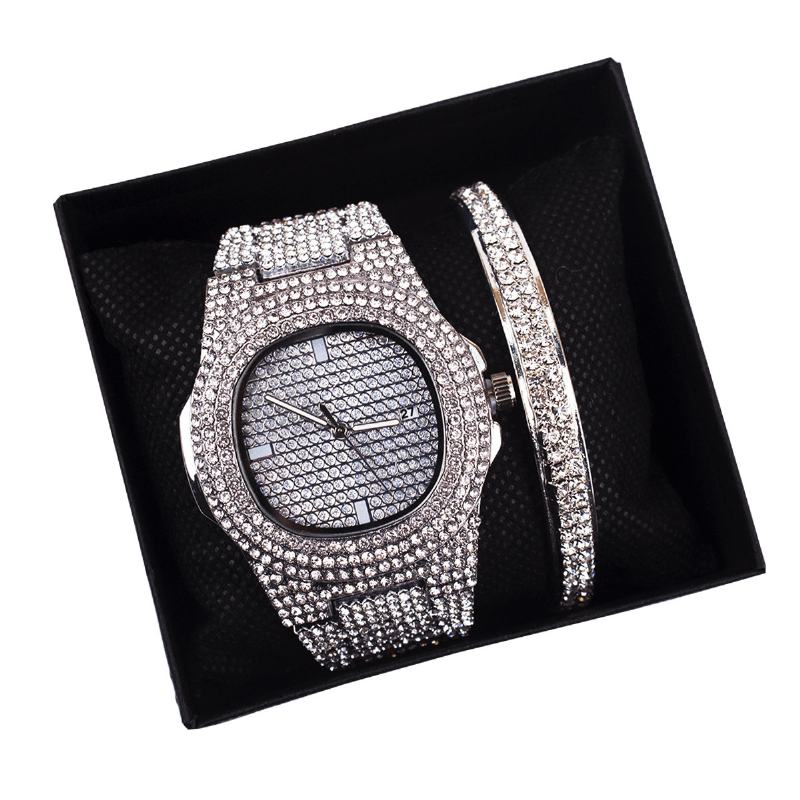 2 Sztuk / Zestaw Luksusowy Zestaw Zegarków Damskich Bling Inkrustowany Rhinestone Zegarek Kwarcowy Biżuteria Prezent
