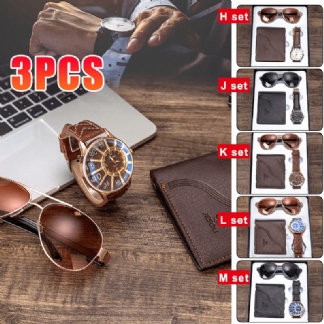 3 Szt. Zestaw Upominkowy Dla Mężczyzn W Stylu Biznesowym Zegarek Kwarcowy + Portfel + Zestaw Okularów Przeciwsłonecznych