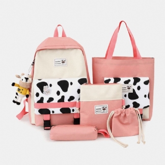 5 Szt. Płótno Preppy Cow Pattern Wielofunkcyjna Torba Kombinowana Plecak Tote Torba Przez Ramię Portfel Sprzęgła