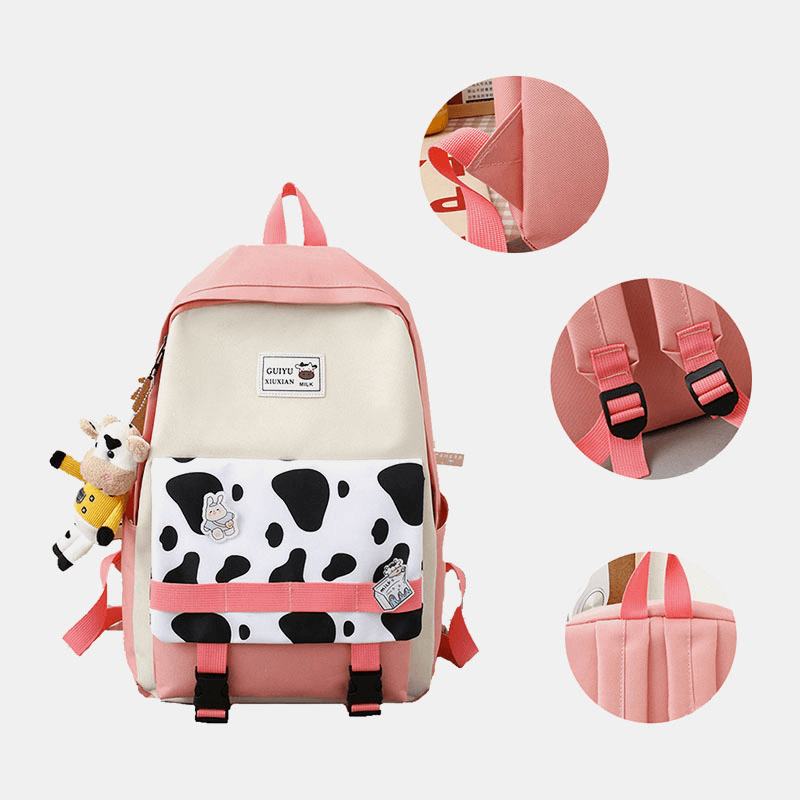 5 Szt. Płótno Preppy Cow Pattern Wielofunkcyjna Torba Kombinowana Plecak Tote Torba Przez Ramię Portfel Sprzęgła