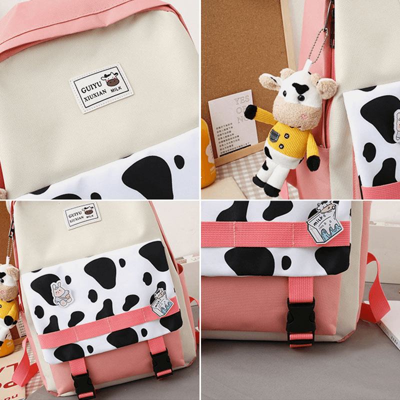 5 Szt. Płótno Preppy Cow Pattern Wielofunkcyjna Torba Kombinowana Plecak Tote Torba Przez Ramię Portfel Sprzęgła