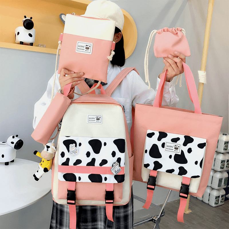 5 Szt. Płótno Preppy Cow Pattern Wielofunkcyjna Torba Kombinowana Plecak Tote Torba Przez Ramię Portfel Sprzęgła