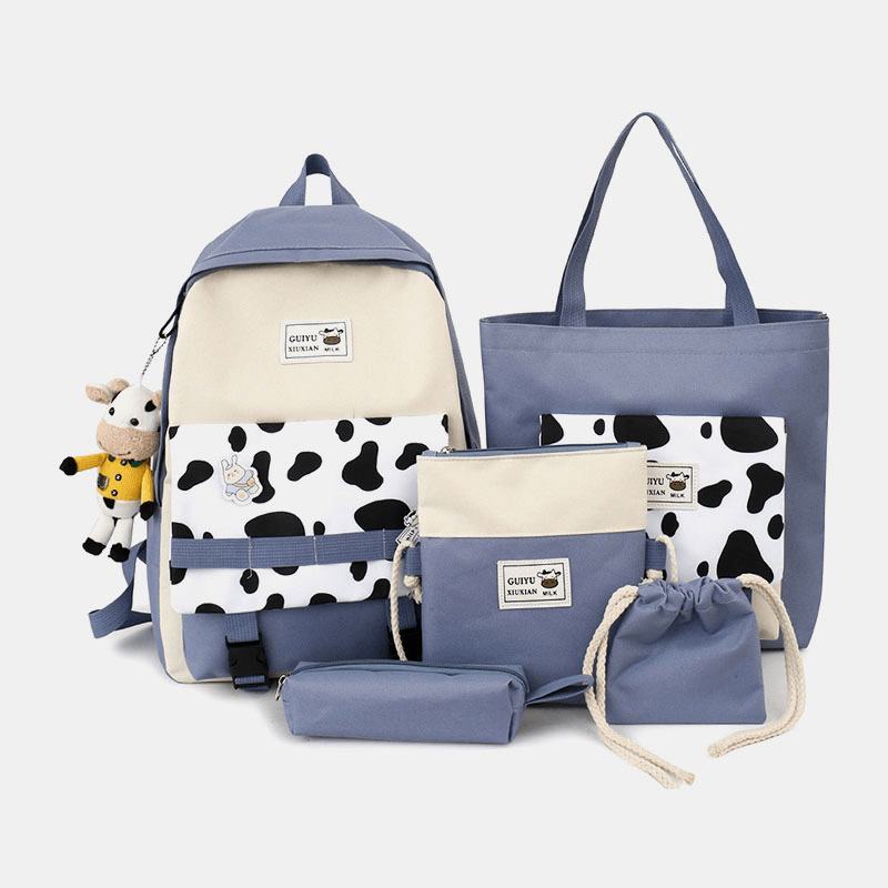 5 Szt. Płótno Preppy Cow Pattern Wielofunkcyjna Torba Kombinowana Plecak Tote Torba Przez Ramię Portfel Sprzęgła