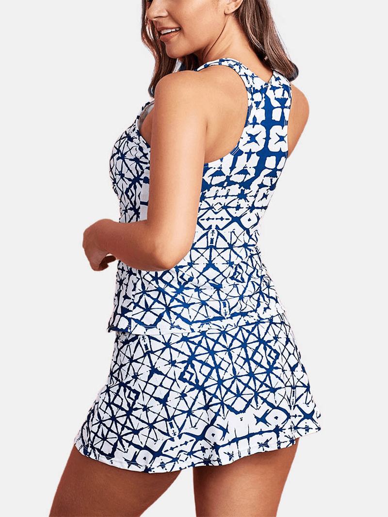 Abstrakcyjny Wzór Geometryczny Szerokie Ramiączka Summer Beach Blue Swimdress