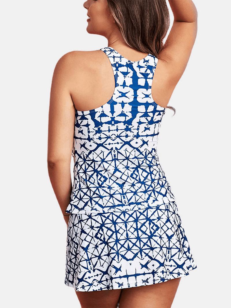 Abstrakcyjny Wzór Geometryczny Szerokie Ramiączka Summer Beach Blue Swimdress