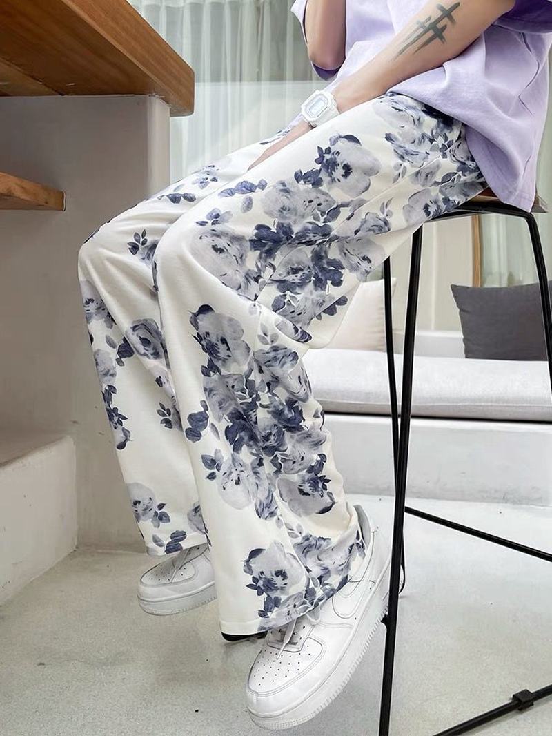 Barwione Kwiatowe Spodnie Z Szerokimi Nogawkami Męskie Luźne I Nieformalne Mycie Podłogi