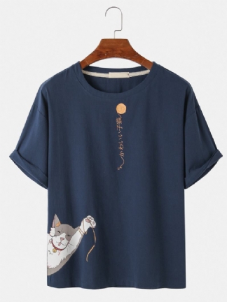 Bawełna Cute Kot Kreskówka Wzór Tekst Nadrukowany Krótki Rękaw Casual T-shirty