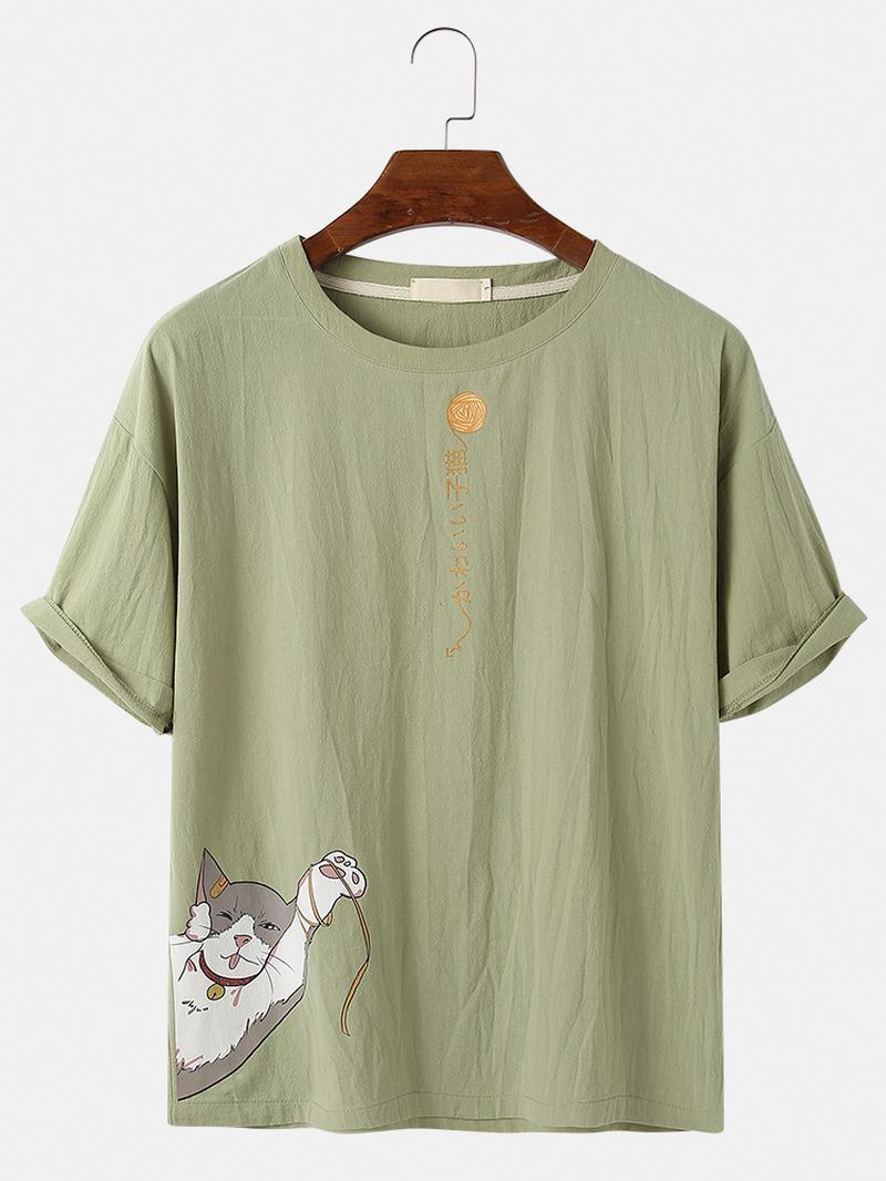 Bawełna Cute Kot Kreskówka Wzór Tekst Nadrukowany Krótki Rękaw Casual T-shirty
