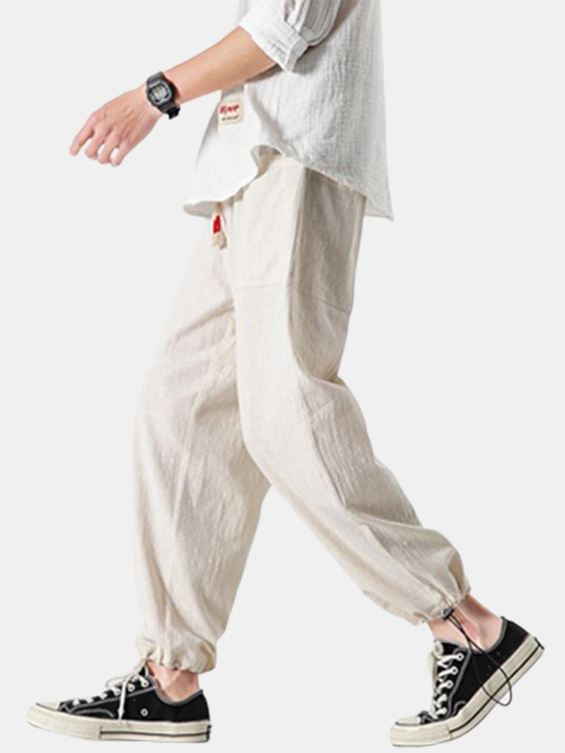Bawełniane Męskie Jednokolorowe Spodnie Z Elastyczną Talią I Sznurkiem Na Co Dzień