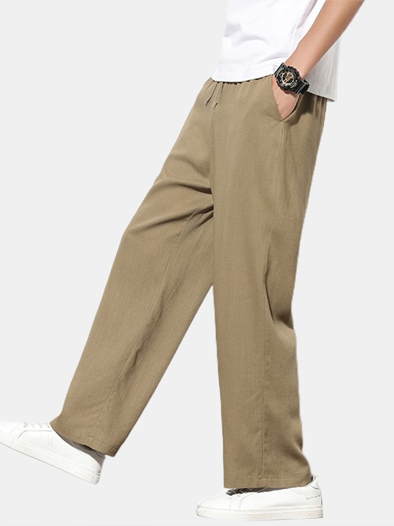 Bawełniane Męskie Spodnie W Jednolitym Kolorze Luźne Szerokie Nogawki Z Kieszenią