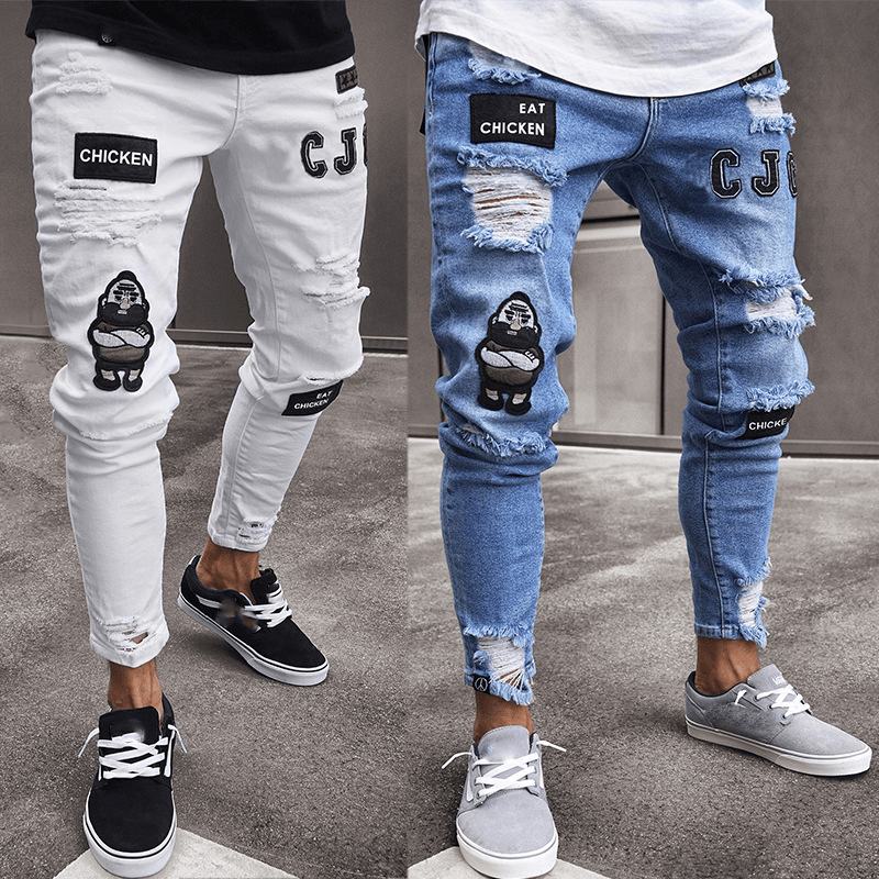 Białe Wysokiej Klasy Denim Męskie Spodnie Transgraniczny Handel Zagraniczny Hole Trend CZarne Slim Jeans Męskie