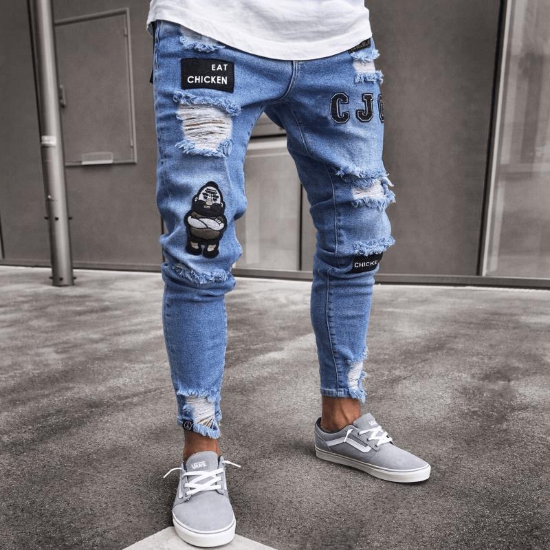 Białe Wysokiej Klasy Denim Męskie Spodnie Transgraniczny Handel Zagraniczny Hole Trend CZarne Slim Jeans Męskie