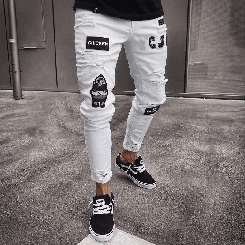 Białe Wysokiej Klasy Denim Męskie Spodnie Transgraniczny Handel Zagraniczny Hole Trend CZarne Slim Jeans Męskie