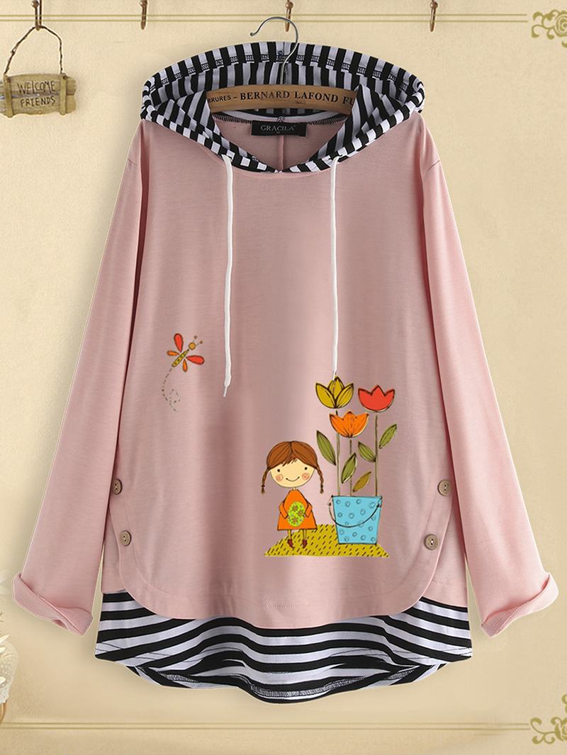 Bluza Z Kapturem W Paski Patchwork Cartoon Drukowanie Z Bocznymi Guzikami Dla Kobiet