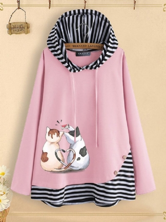 Bluza Z Kapturem W Paski Patchwork Cartoon Kot Drukuj Button Bluza Z Kapturem