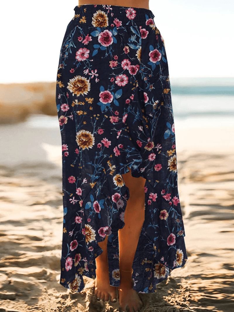 Bohemian Beach Floral Drukowanie Elastyczny Pas Z Falbaną I Spódnicami Maxi