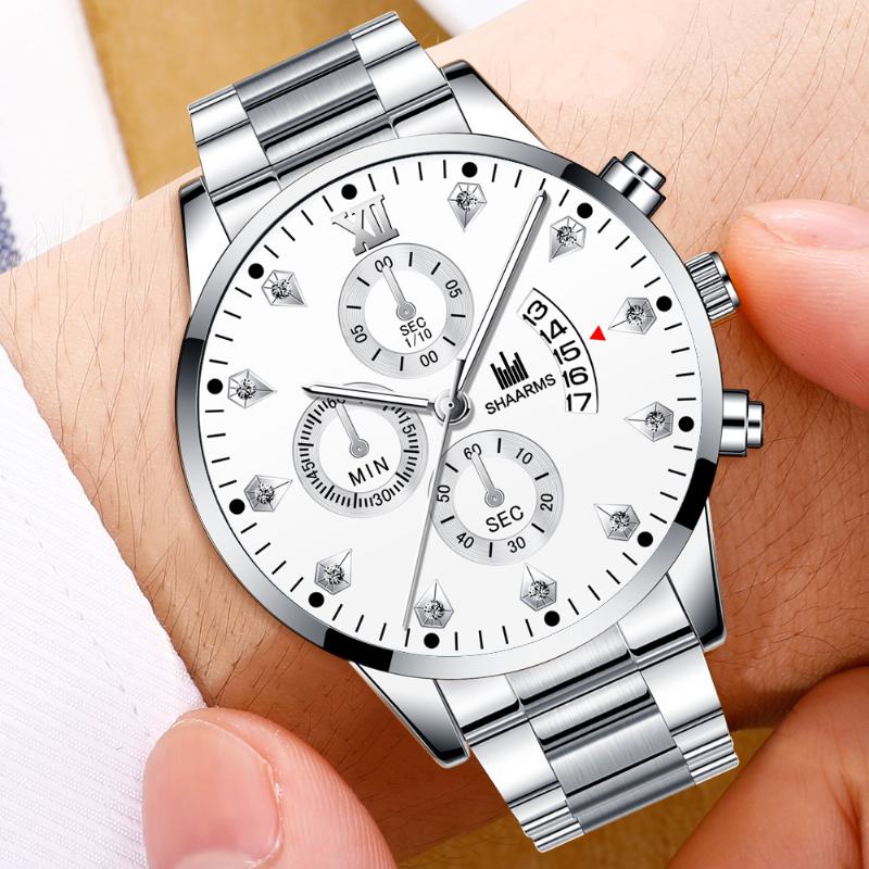 Business Casual Z Kalendarzem Inkrustowanym Dżetów Dial Steel Strap Męskie Zegarek Kwarcowy