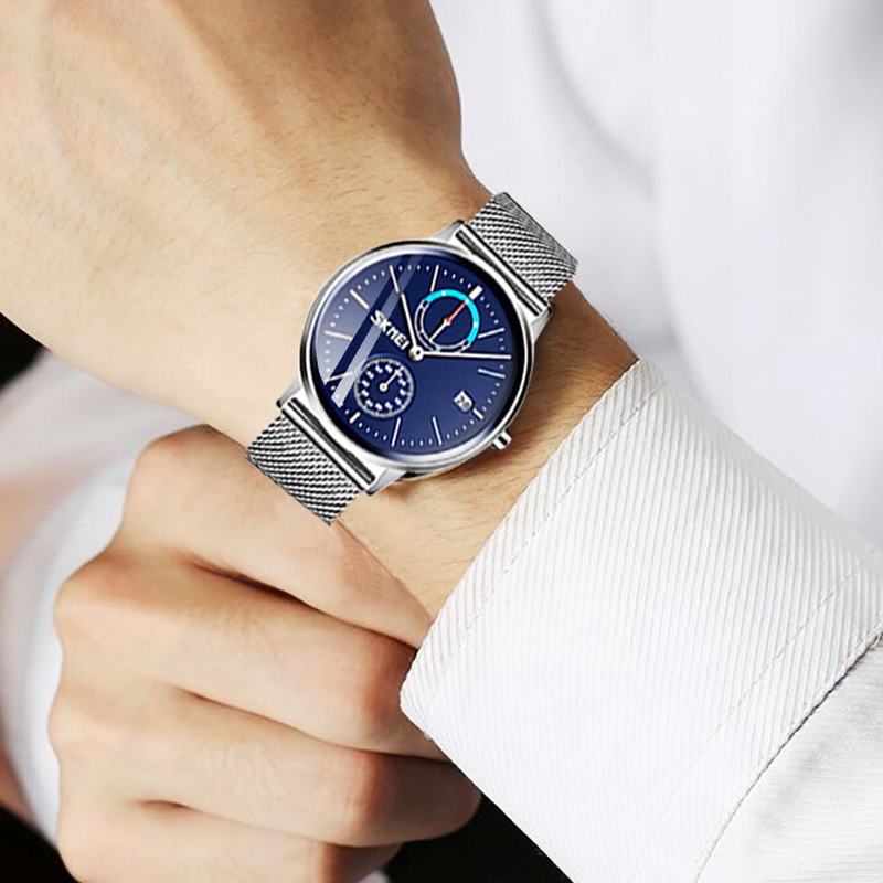 Business Style Okrągłe Lustro Mesh Stalowy Pasek Wyświetlanie Zegarek Męski Data Tygodnia Zegarek Kwarcowy