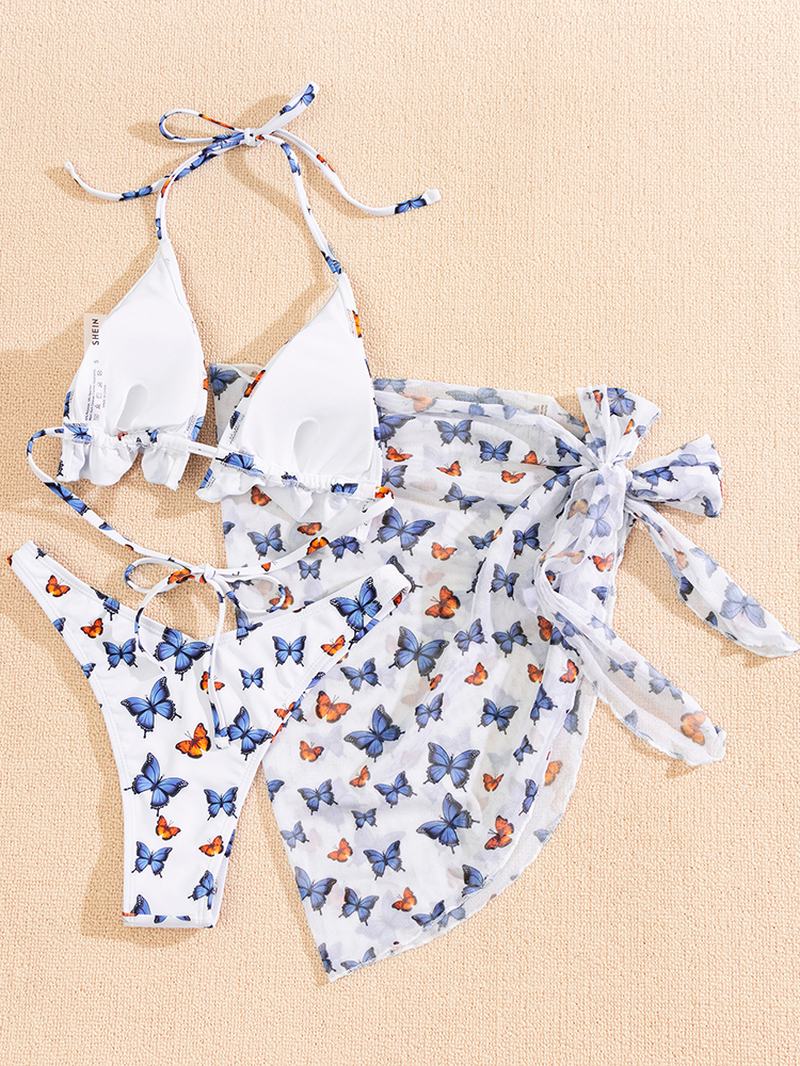 Butterfly Drukowanie Floral Halter Ruffle Spódnica Z Rozcięciem Stroje Kąpielowe Bikini Plażowe Damskie Zestawy Trzyczęściowe