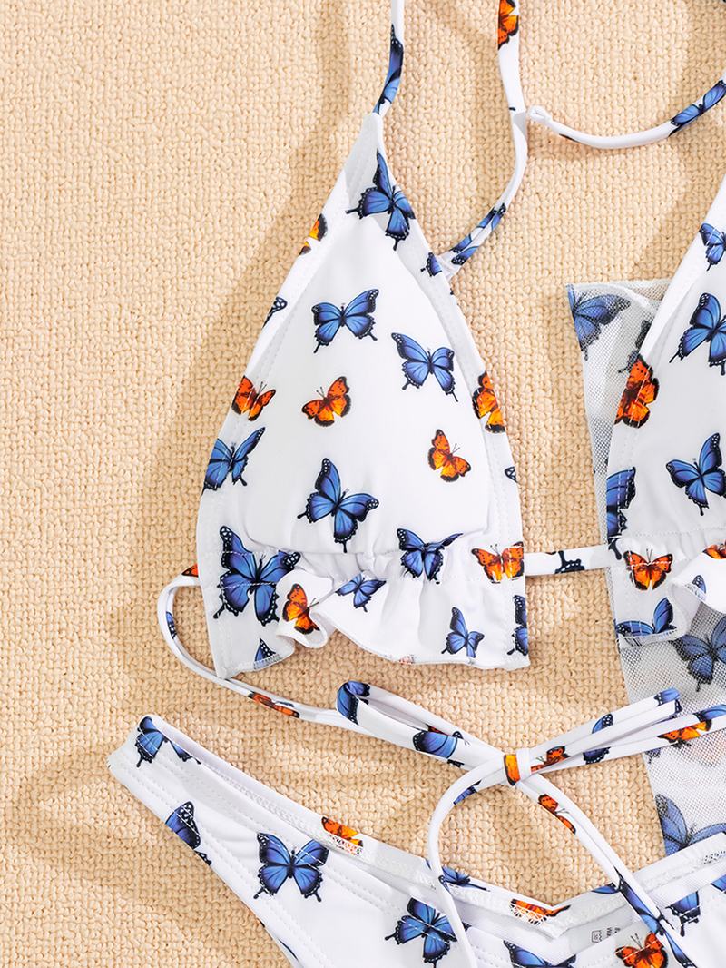 Butterfly Drukowanie Floral Halter Ruffle Spódnica Z Rozcięciem Stroje Kąpielowe Bikini Plażowe Damskie Zestawy Trzyczęściowe