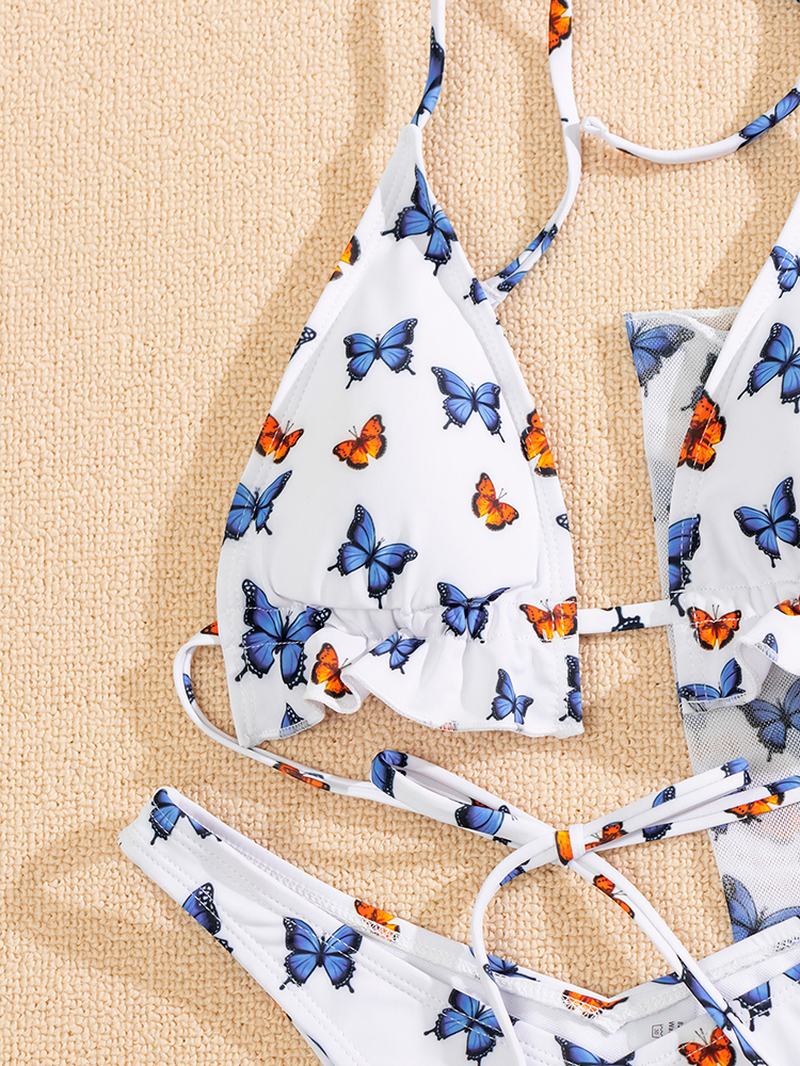 Butterfly Drukowanie Floral Halter Ruffle Spódnica Z Rozcięciem Stroje Kąpielowe Bikini Plażowe Damskie Zestawy Trzyczęściowe