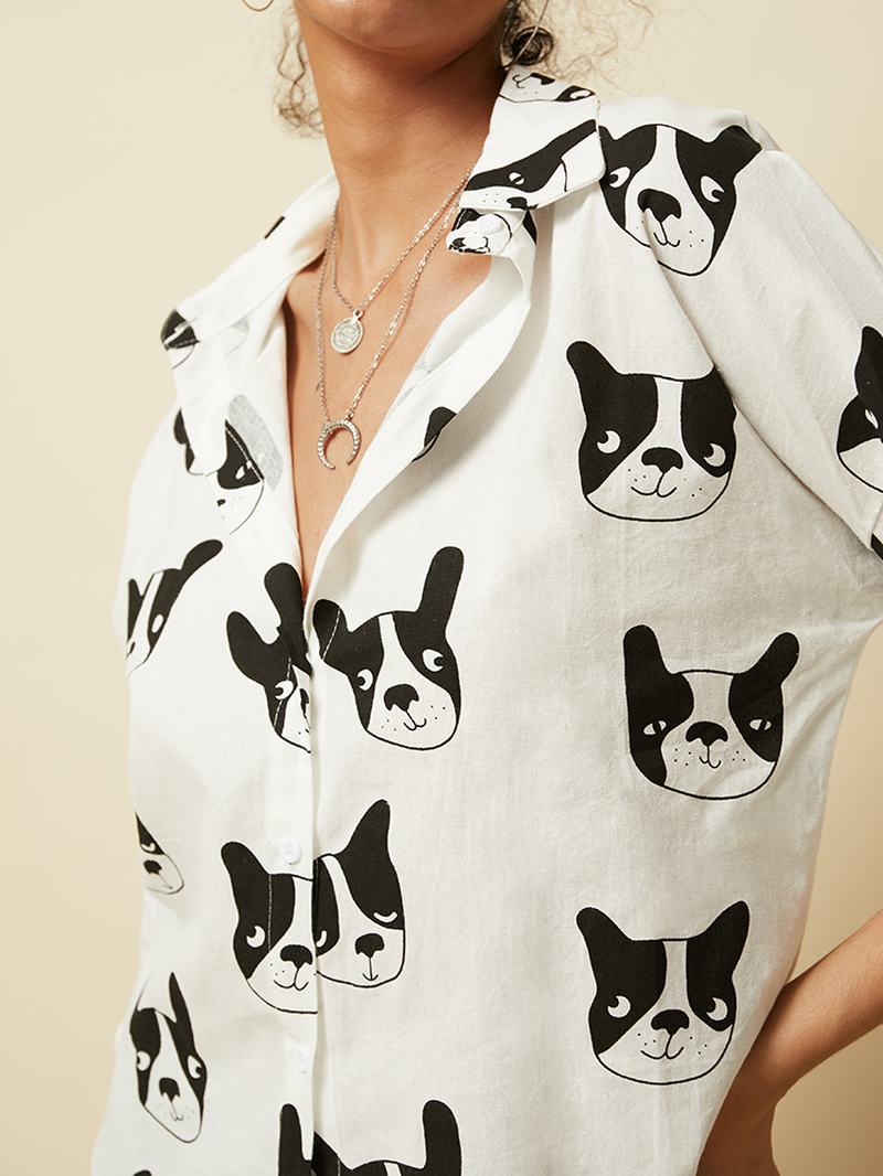 Cartoon Dog Animal Drukowanie Button W Dół Z Długim Rękawem Nieregularne Obszycie Casualowa Bluzka Dla Kobiet