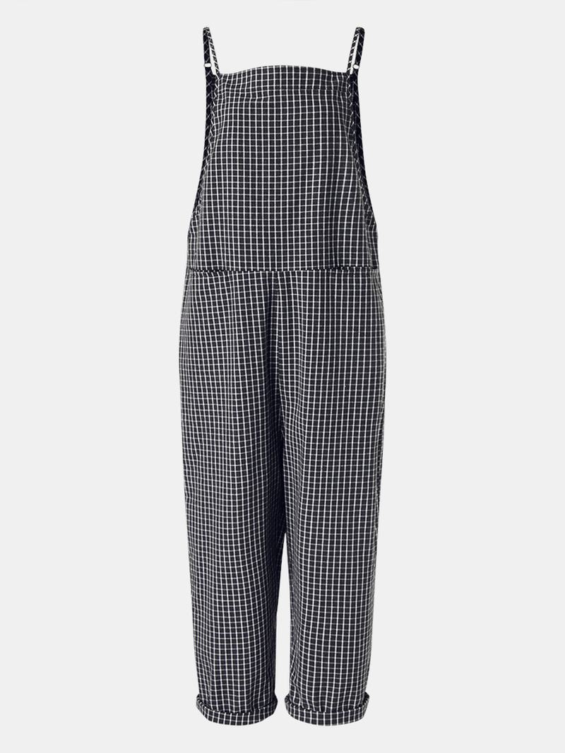 Casual Loose Plaid Straps Przednia Kieszeń Harem Kombinezony Kombinezony Dla Kobiet