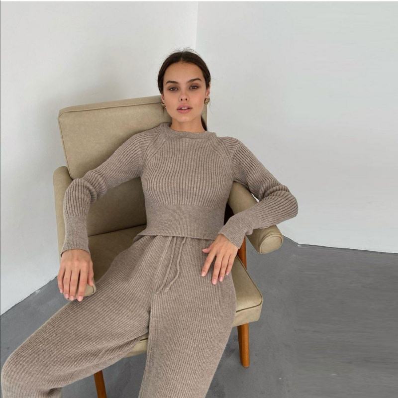 Casual Moda Dzianinowy Top I Spodnie Dwuczęściowy Zestaw Loungewear Damskie Matching Set