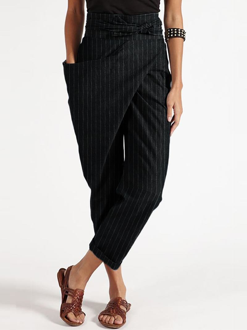 Casual Zipper Stripe Side Pocket Belted Nieregularne Spodnie Harem Dla Kobiet