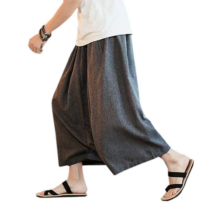 Chiński Styl Casual Oddychające Spodnie Z Szerokimi Nogawkami Modne Męskie Spodnie O Dużym Rozmiarze Do Łydki