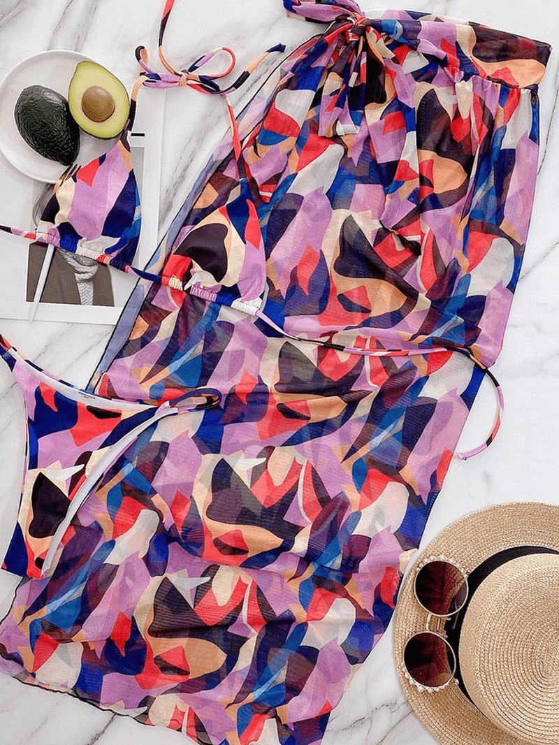Color Block Drukowanie Halter String Bikini Beach Damskie Swimsuit With Cover Up