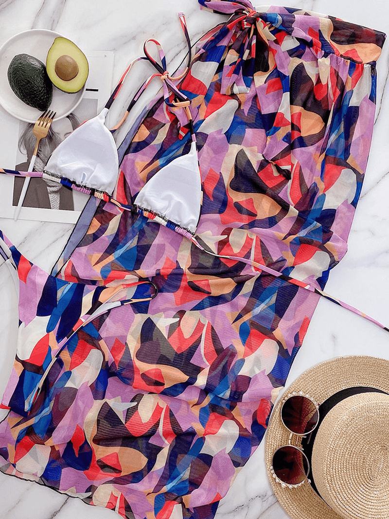 Color Block Drukowanie Halter String Bikini Beach Damskie Swimsuit With Cover Up