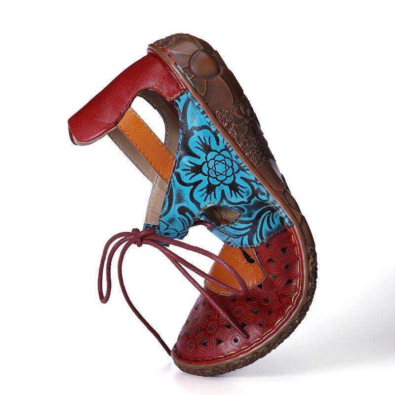 CZeski Colorblock Miękkie Skórzane Wycięcia Kwiatowe Sznurowane Płaskie Buty