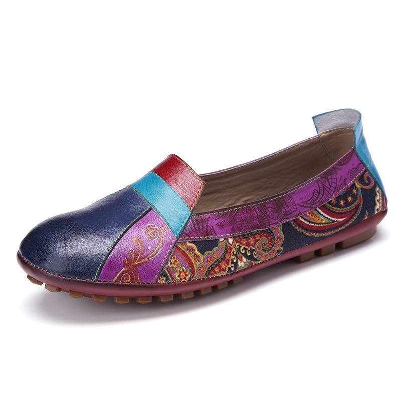 CZeskie Miękkie Skórzane Kwieciste Łączenie Casual Slip On Loafers Flat Shoes