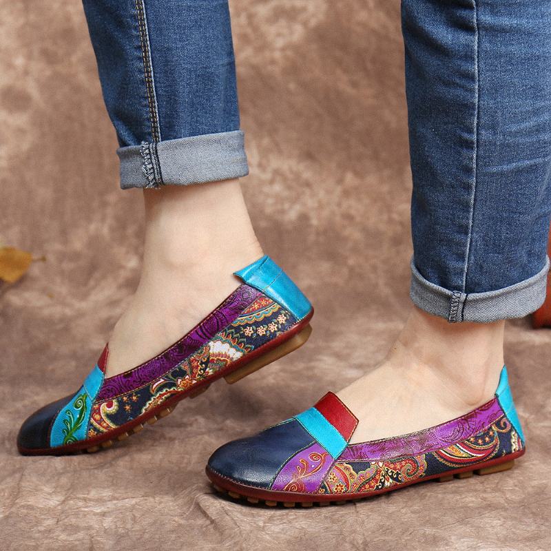 CZeskie Miękkie Skórzane Kwieciste Łączenie Casual Slip On Loafers Flat Shoes