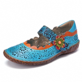 CZeskie Skórzane Kwiatowe Wycięcia Łączenie Miękkiej Podeszwy Flower Hook Loop Flat Shoes