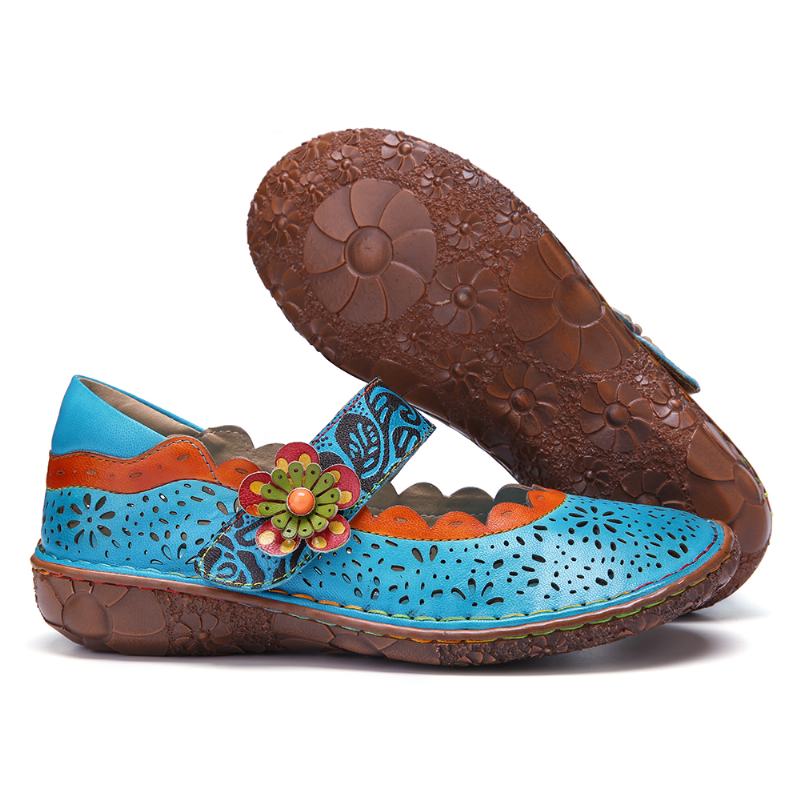 CZeskie Skórzane Kwiatowe Wycięcia Łączenie Miękkiej Podeszwy Flower Hook Loop Flat Shoes