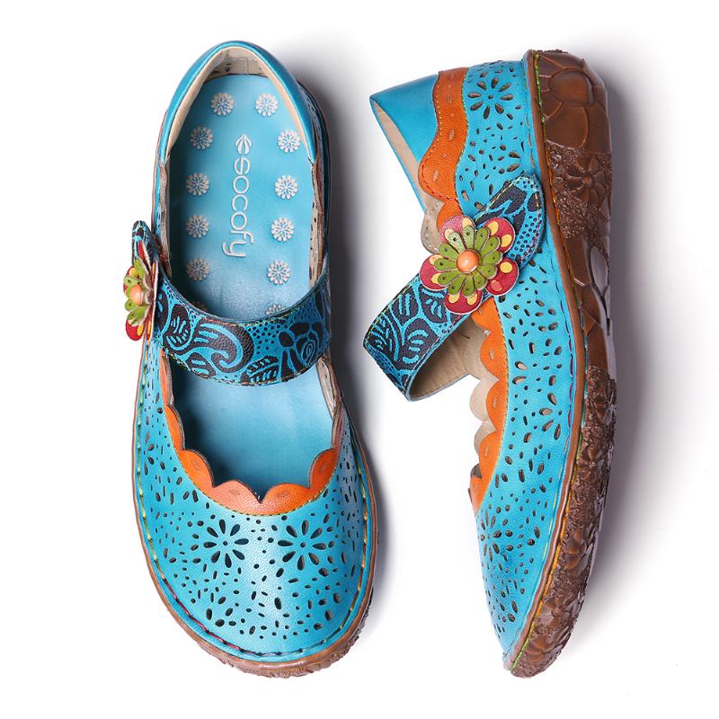 CZeskie Skórzane Kwiatowe Wycięcia Łączenie Miękkiej Podeszwy Flower Hook Loop Flat Shoes