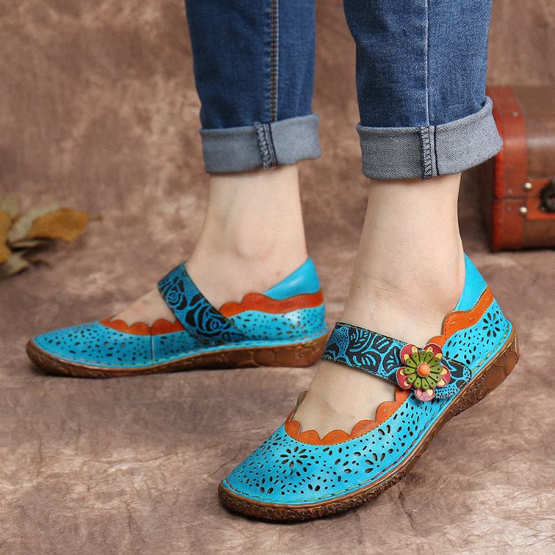 CZeskie Skórzane Kwiatowe Wycięcia Łączenie Miękkiej Podeszwy Flower Hook Loop Flat Shoes