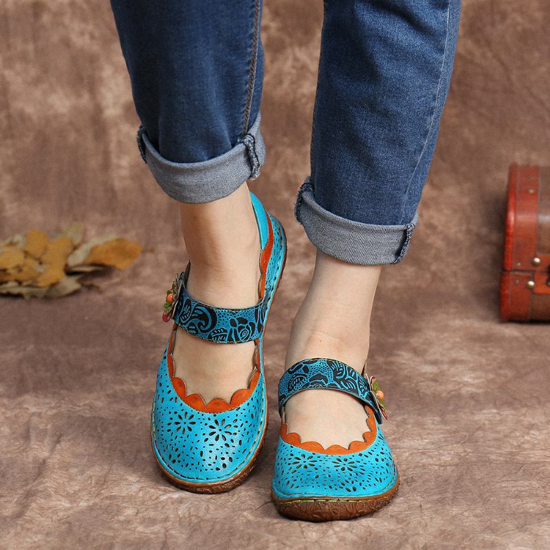 CZeskie Skórzane Kwiatowe Wycięcia Łączenie Miękkiej Podeszwy Flower Hook Loop Flat Shoes