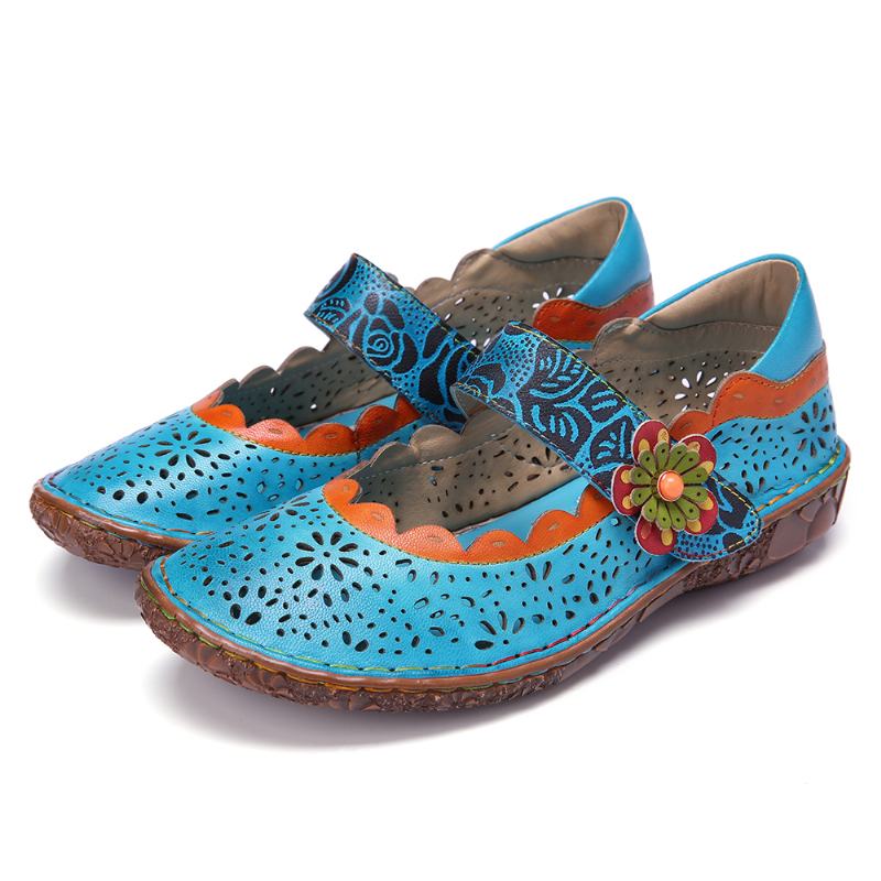 CZeskie Skórzane Kwiatowe Wycięcia Łączenie Miękkiej Podeszwy Flower Hook Loop Flat Shoes