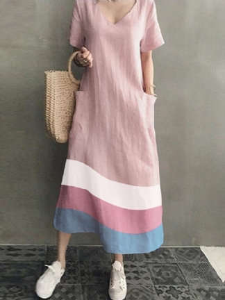 Damska Bawełniana Sukienka Maxi W Kontrastowym Kolorze Z Dekoltem W Szpic I Boczną Kieszenią
