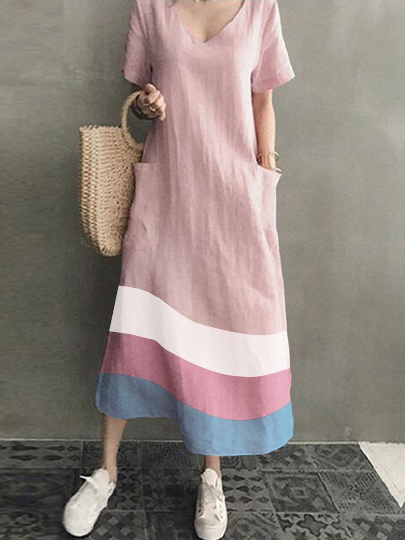 Damska Bawełniana Sukienka Maxi W Kontrastowym Kolorze Z Dekoltem W Szpic I Boczną Kieszenią