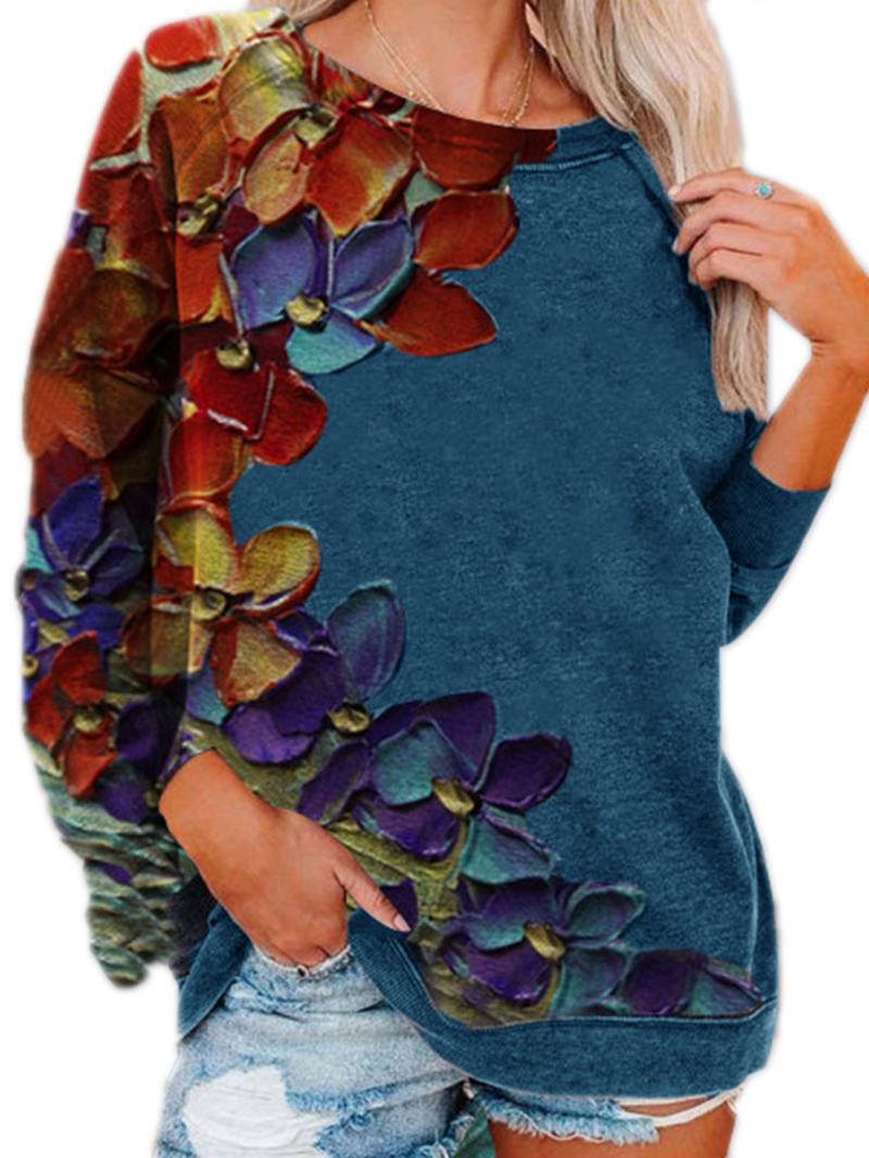Damska Bluza Z Długimi Rękawami I Okrągłym Dekoltem Z Kolorowym Nadrukiem Kwiatowym