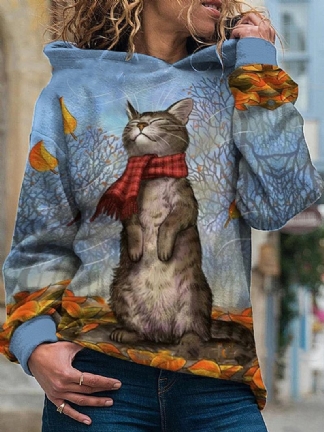 Damska Bluza Z Kapturem Z Nadrukiem Z Kotem Kreskówkowym Z Długim Rękawem