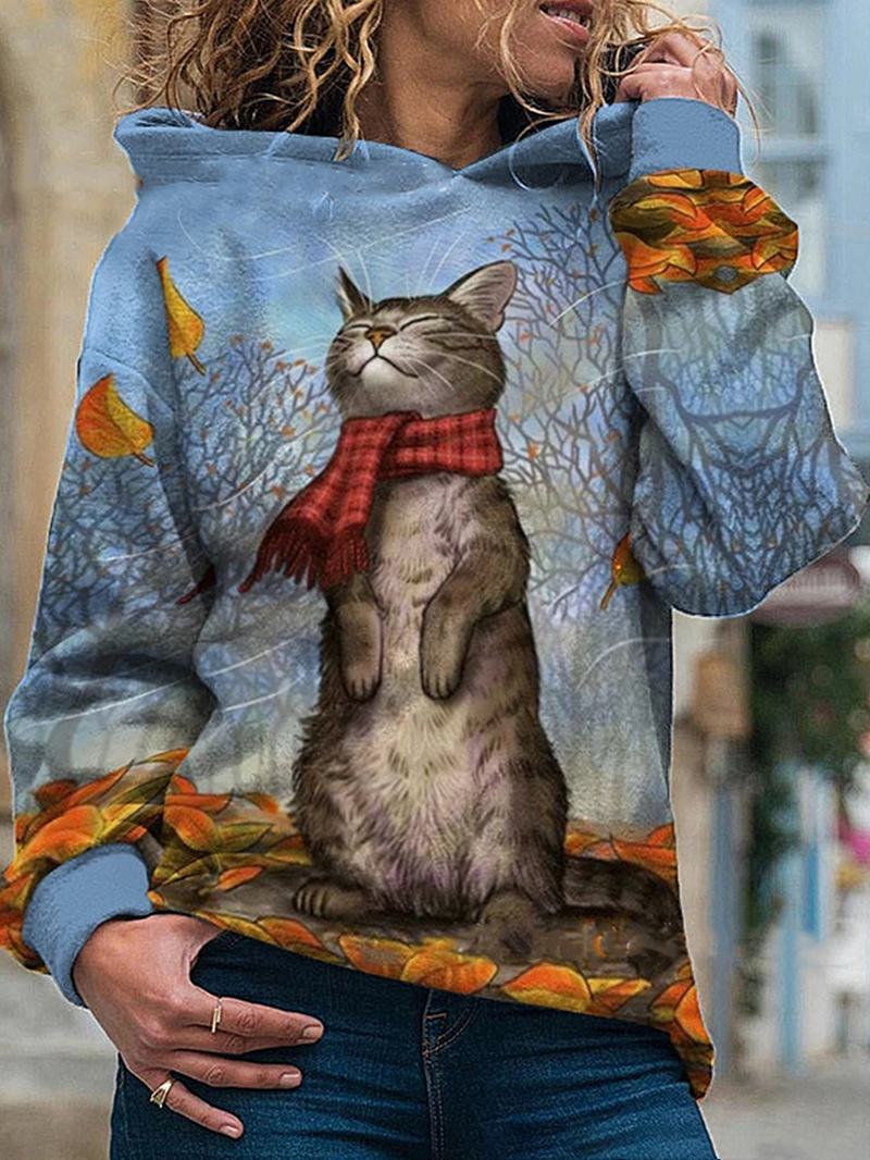 Damska Bluza Z Kapturem Z Nadrukiem Z Kotem Kreskówkowym Z Długim Rękawem