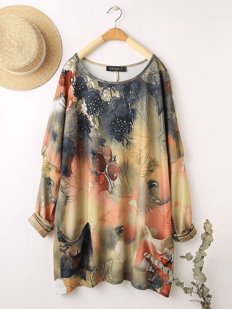 Damska Bluzka W Stylu Vintage Z Nadrukiem O-neck Casual Luźna Bluzka Z Długim Rękawem